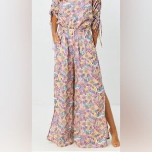 NEW LA PORTE Multicolor Swirl Print Linen Shirt Top Paperbag Pants Set Small S